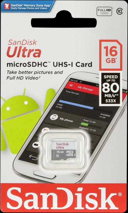 Produktbild SanDisk Ultra microSDHC 16GB 80MB/s Cl. 10 (16 GB, microSDHC, U1, UHS-I)