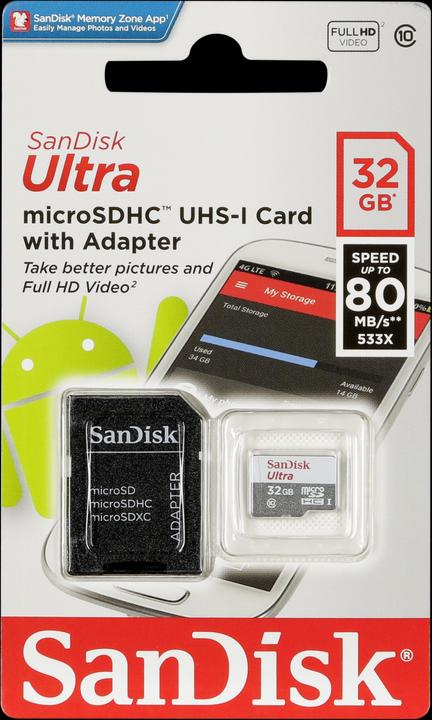 Produktbild SanDisk Ultra microSDHC 32GB 80MB/s+Adapt. (32 GB, microSDHC, U3, UHS-I)