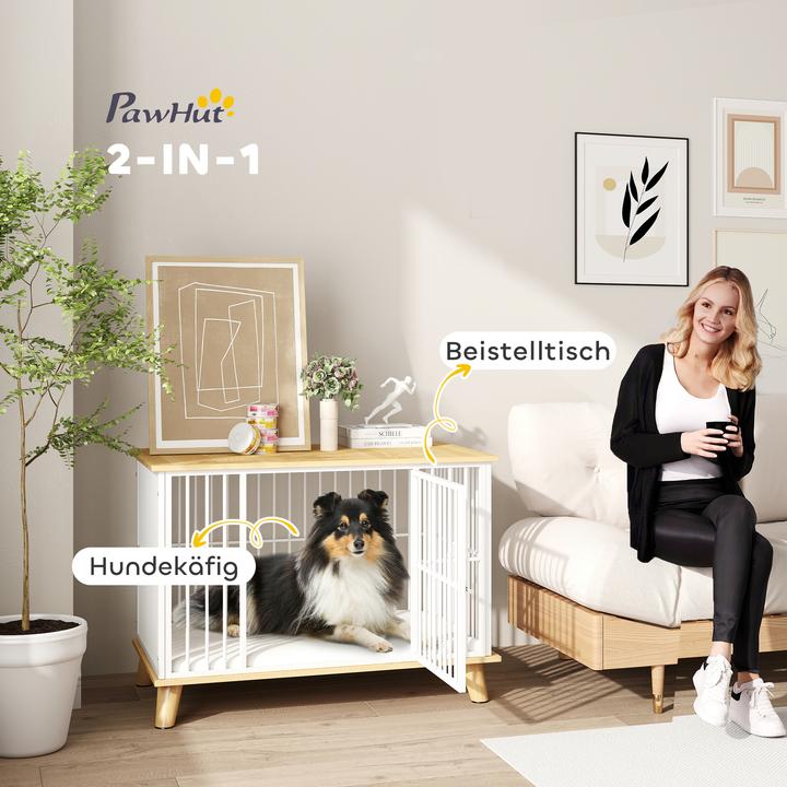 Actual product image PawHut Hundekäfig Stahl, Spanplatte Weiss+Eiche (Dog house)