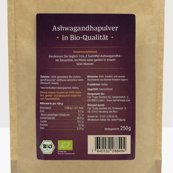 Valeurs nutritives et ingrédients Effective Nature Poudre d'ashwagandha (Poudre, 250 g)