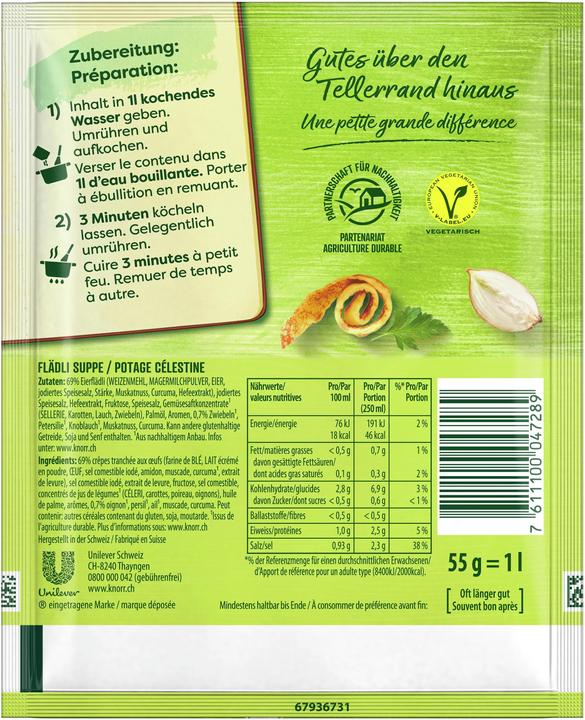 Nährwerte und Zutaten Knorr Flädli Suppe Beutel, Frühlingssuppe mit Teigwaren & Gemüse, frisch und leicht wie der Frühling