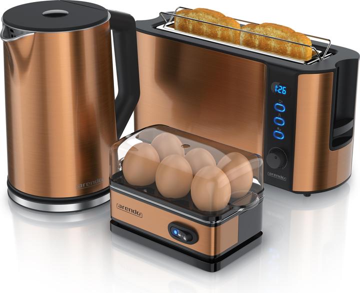 Produktbild Arendo Frühstücks Set, Wasserkocher 1,5l Temperaturwahl, 2-Scheiben Toaster & Eierkocher für 6 Eier, Kupfer