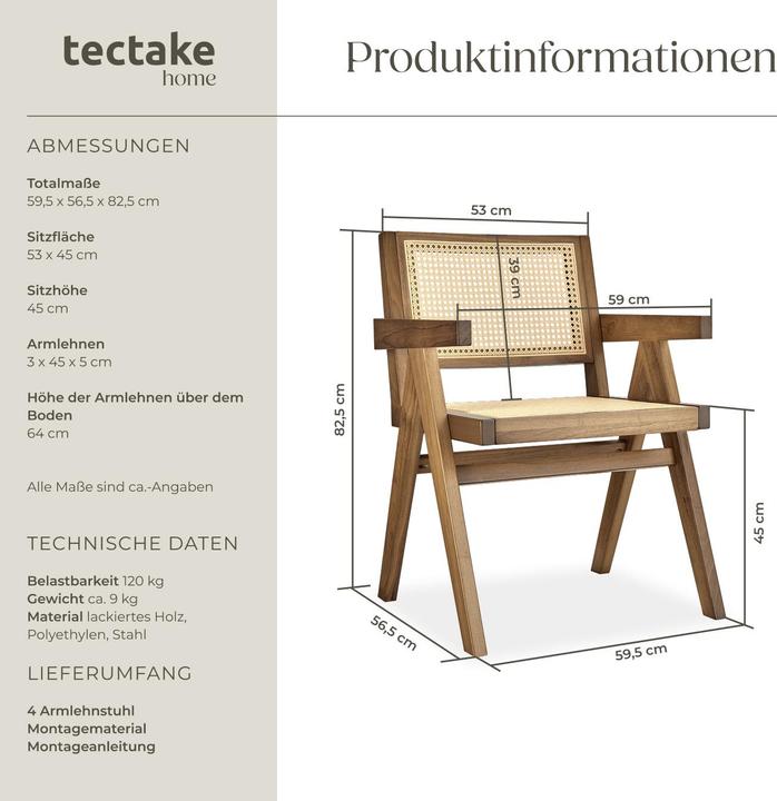 Produktbild tectake Esszimmerstuhl Lissy mit Wiener Geflecht, Belastbarkeit 120 kg