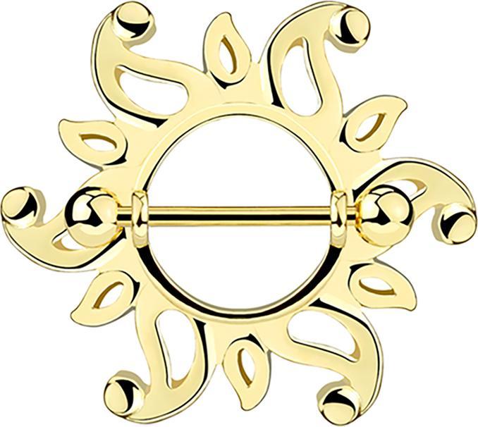 Star Piercing Barbell 14k vergoldet mit zwei KugelnTribal Sonne (Messing, Chirurgenstahl 316L)