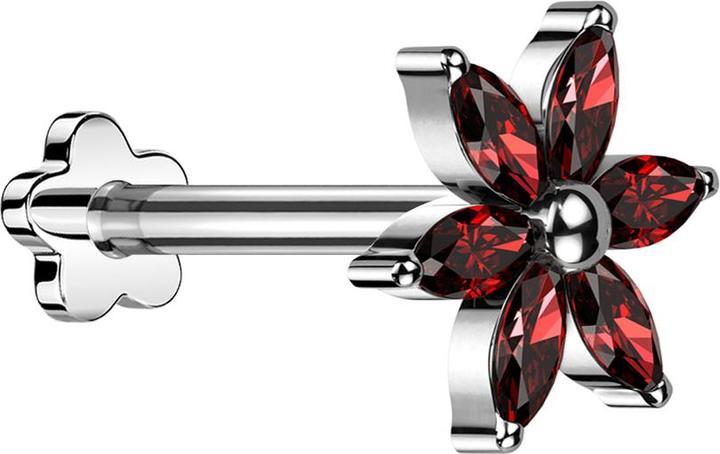 Star Piercing Micro Threadless Labret Blume silber Blume silber Kristalle rot (Titan G23, ohne Messing)