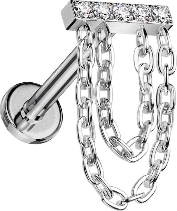 Star Piercing Micro Labret Innengewinde silber Balken silber Kristalle silber Anhänger zwei Ketten (ohne Messing, Titan G23)
