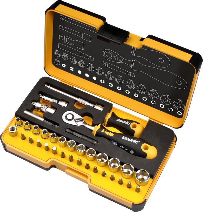 Productafbeelding Felo R-GO XL Inch - Gereedschapsset met ERGONISCHE ratel, accessoires in XL stevige doos 36 st. (1/4")