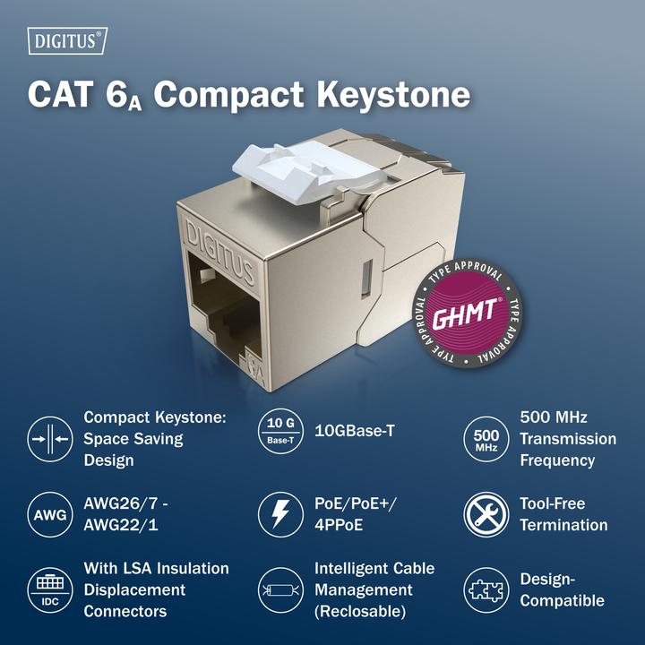Produktbild Digitus CAT6A Kurz Keystone Jack, geschirmt, werkzeugfreie Montage (Keystone Modul)