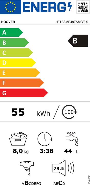 Label énergétique Hoover H3TFSMP48TAMCE-S (8 kg, Vers le haut, Prise UE)