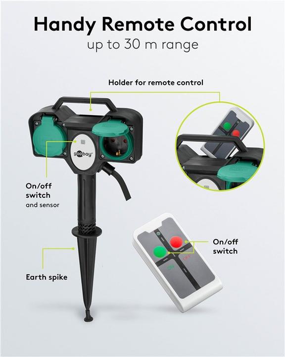 Actual product image Goobay Garden socket 2-fold with remote control (2 x, CEE 7/3, 2 m)