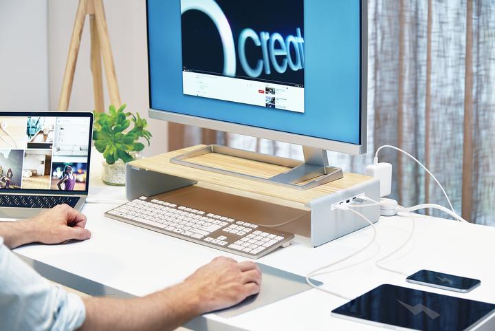 Actual product image j5Create Wood Monitor Stand With Docking (USB-C, 8 Ports)