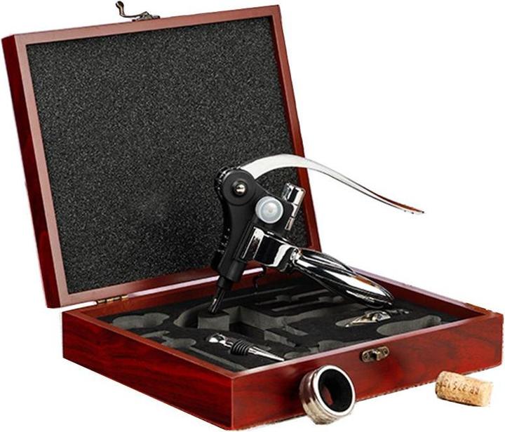 Image du produit Childhome Set cadeau de vin dans une boîte en bois (Anneau de goutte, Bouchon de vin, Verseur de vin, Thermomètre à vin)