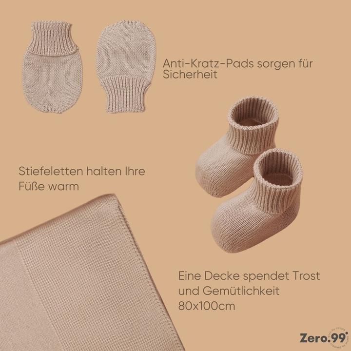 Actual product image Zero.99 Newborn Set 5 pcs. - Blanket, Buttoned Sleepsuit, Scratch Mitts, Booties, Hat, Warm Beige (50, 56, 62, 68)