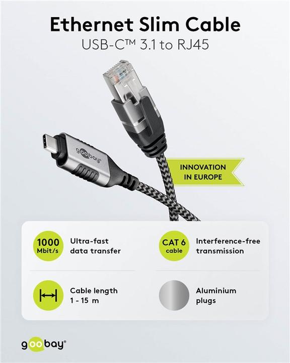 Immagine prodotto Goobay Cavo Ethernet da USB-C 3.1 a RJ45, sottile, 10 m (USB 3.1, RJ45 (1x))