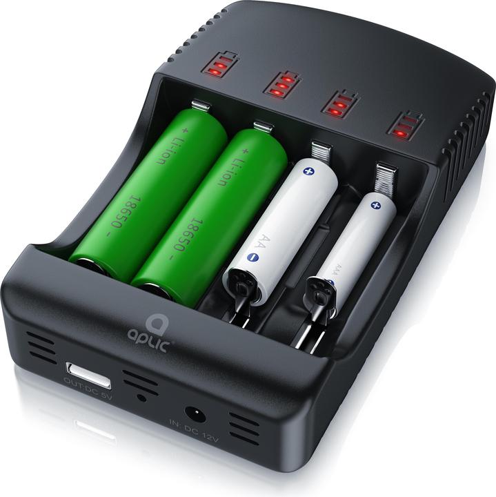Aplic Battery charger 2000 mA, universal battery charger with USB powerbank function, 4x charging slots (A, C, AAA, AA, Chargers without battery)