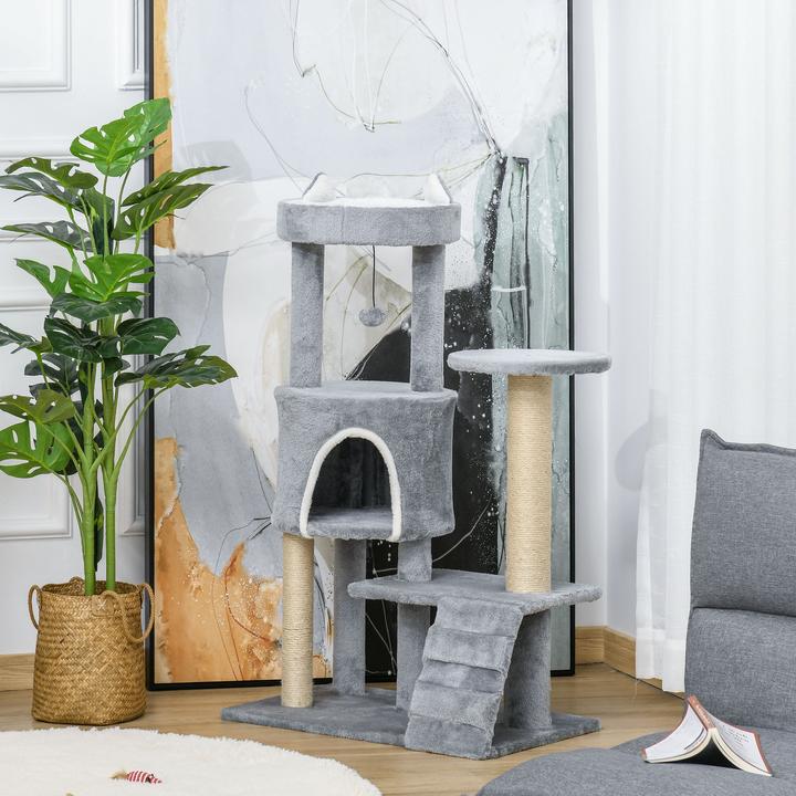 Image du produit PawHut Arbre à chat avec peluche douillette et échelle (100 cm, Gris clair)