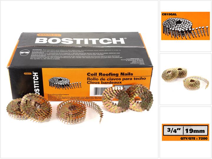 Produktbild Bostitch CR19GAL Galvanisierte Dachpappnagel 3.05-19 GAL8 7.2M 3/4" / 19 mm glatt - 7200 Stück