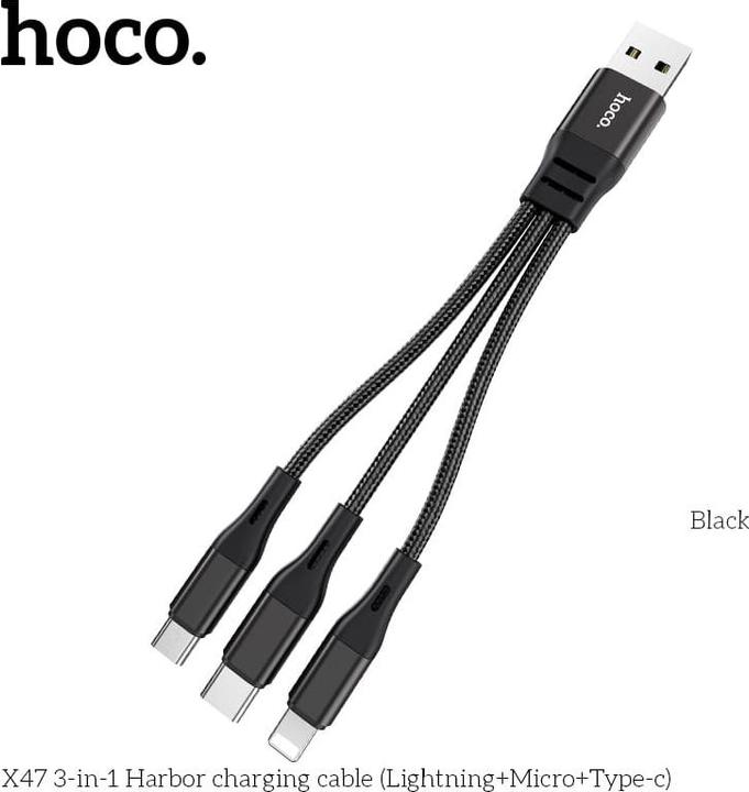 Produktbild Hoco X47 3-in-1 Harbor charging cable(iP+Micro+Type-C), 25cm, schwarz (0.25 m, USB 3.2 Gen 1)