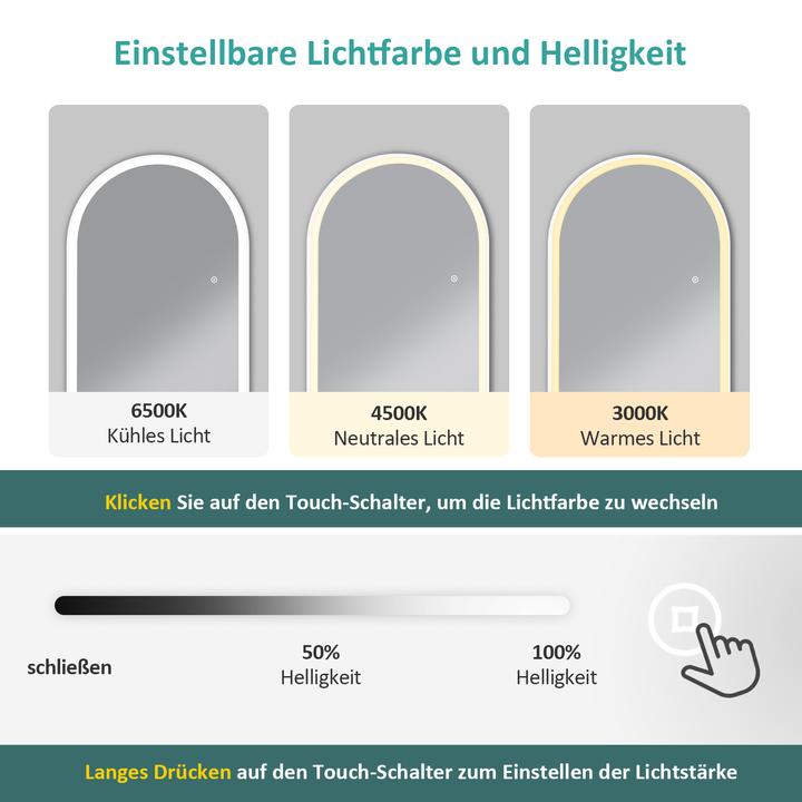 Produktbild Emke Bogen Standspiegel mit Beleuchtung, 3 Farbtemperatur, Rahmen aus Aluminium, 45*147cm, Weiss