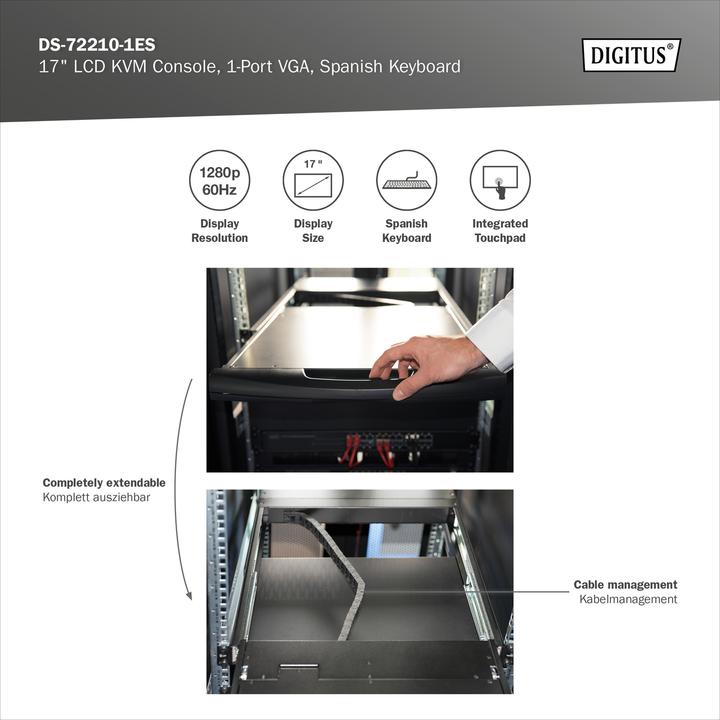 Immagine prodotto Digitus Console modulare con TFT da 17" (43,2 cm), 1 porte KVM e touchpad, tastiera spagnola