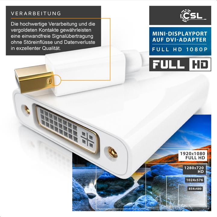 Produktbild CSL Full HD MiniDP zu DVI Adapter Kabel - Mini DisplayPort zu DVI Buchse (DVI, 11 cm)