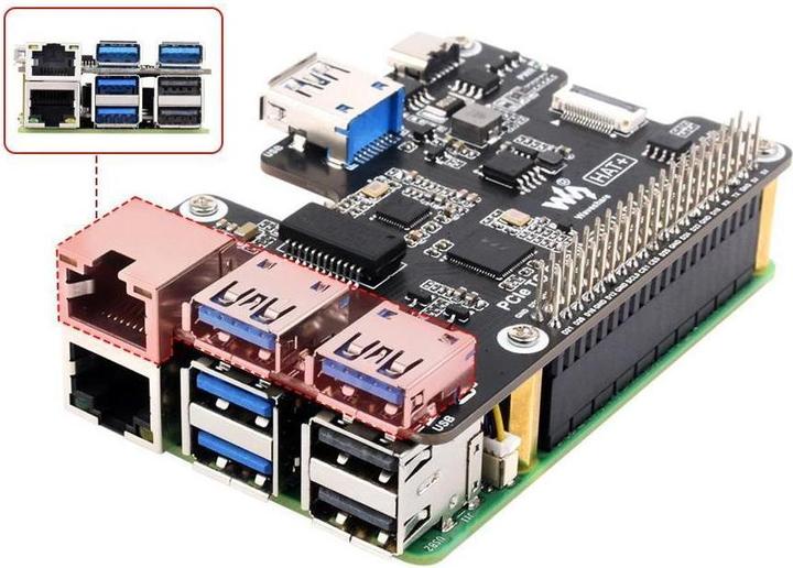 Produktbild Raspberry Pi EB121908 - PCIe zu Gigabit Ethernet und USB 3.2 Gen1 HAT für 5, 3x USB 3.2 Gen