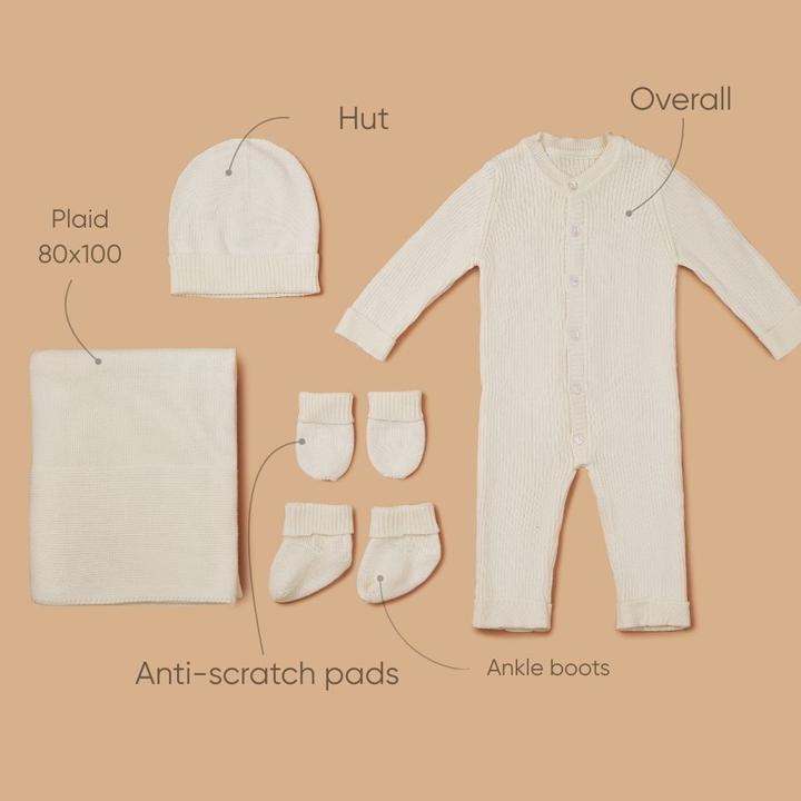 Actual product image Zero.99 Newborn Set 5 pcs. - Blanket, Buttoned Sleepsuit, Scratch Mitts, Booties, Hat, Cream (50, 56, 62, 68)