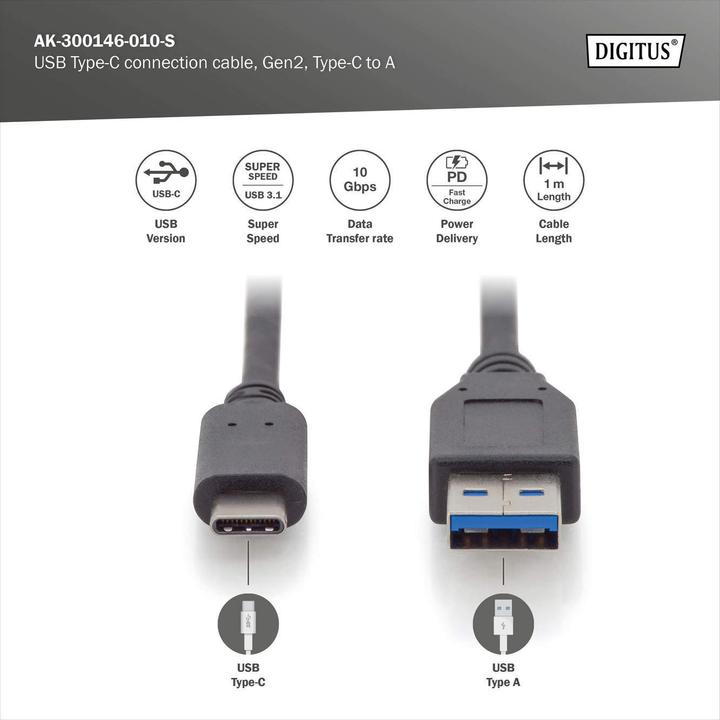 Produktbild Digitus USB C – USB A (1 m, USB 3.1)