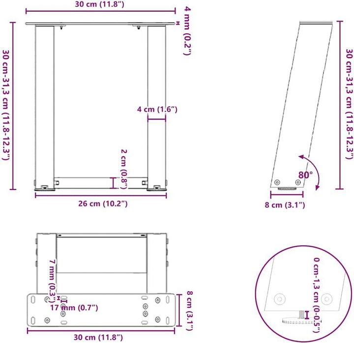 Produktbild VidaXL Couchtischbeine U-Form 2 Stk. Anthrazit 30x(30-31) cm Stahl Tischbein