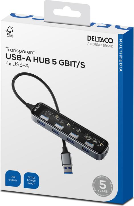 Actual product image Deltaco USB-A hub with 4x USB 5 Gbit/s transparent (USB-C, 4 Ports)