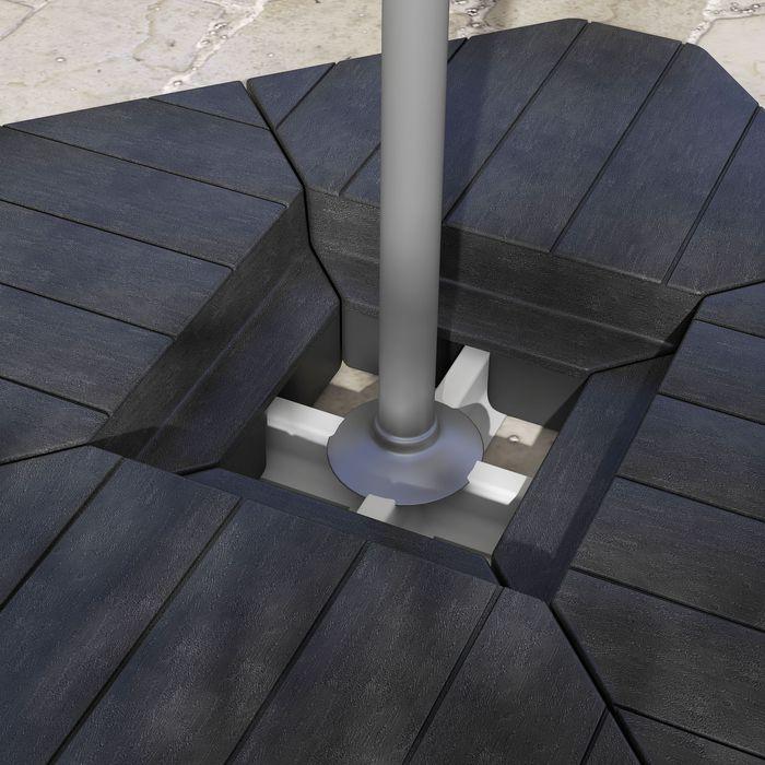 Produktbild Swisshandel24 Sonnenschirmständer 4-teilig Holzoptik, für Ampelschirm, befüllbar bis 20/15 kg HDPE Schwarz