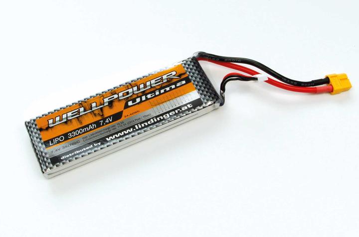 Actual product image Wellpower lipo battery ultima 3300 mah / 7.4 volt 2s 35/70c ch5/8 xt-60 (7.40 V, 3300 mAh)