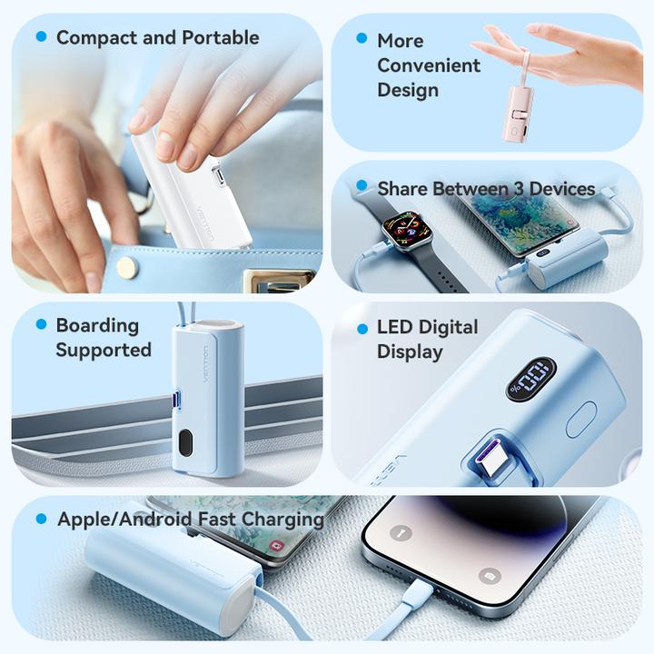 Actual product image Vention LED Display 4800mAh Power Bank (USB-C + Lightning + USB-C) 22.5W White Foldable USB-C Type (4800 mAh, 18 W, 17760 Wh)