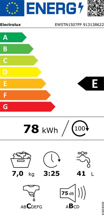 Energie-Label Electrolux EW5TN1507FP Top loading Waschmaschine 7 kg 1000 U/min weiss (7 kg, Unten)