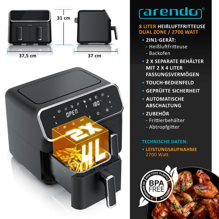 Produktbild Arendo Heissluftfritteuse XXL Doppelkammer Airfryer 8L, Dual Zone, Backofen, Edelstahl, 2700 W, mit Zubehör (CH-Stecker)