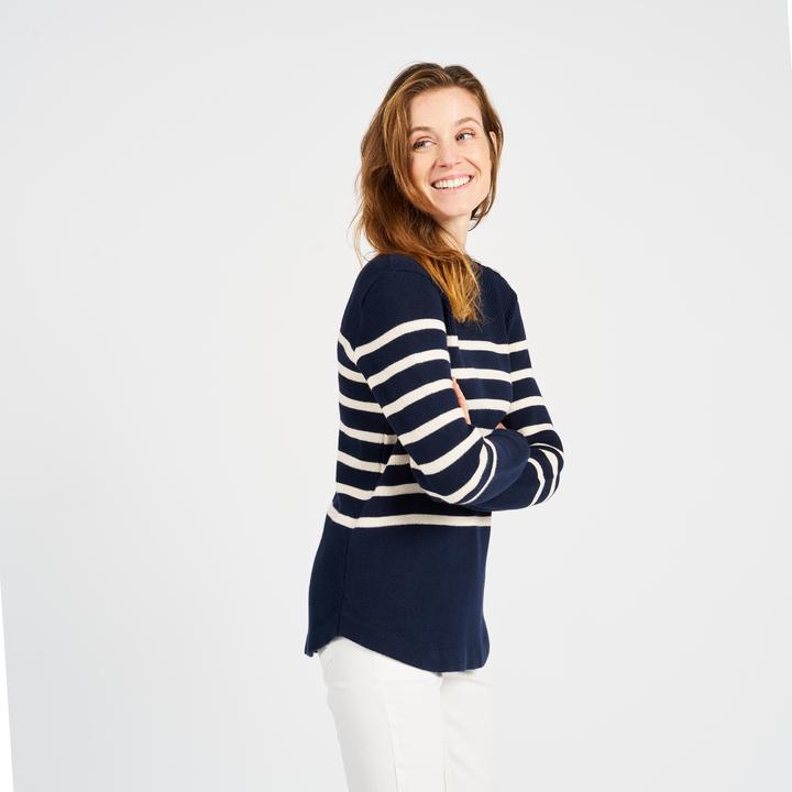 Actual product image Tribord Women's knitted sailing pullover, 100 navy blue with beige stripes (XS)