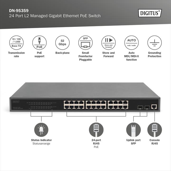 Immagine prodotto Digitus Switch Gigabit Ethernet PoE gestito L2 24 porte (24 Porti)