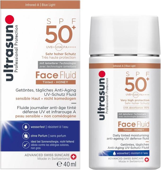Actual product image Ultrasun Face Fluid SPF50+ Tinted HONEY (Sun lotion, SPF 50+, 40 ml, 72 g)