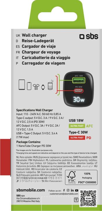 Actual product image SBS PD travel charger 30W USB-C/18W USB LCD GaN black (30 W)
