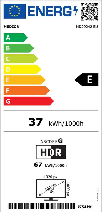 Label énergétique Medion LIFE P14031 (MD 29242) Téléviseur Android™ (40", LCD, Full HD)