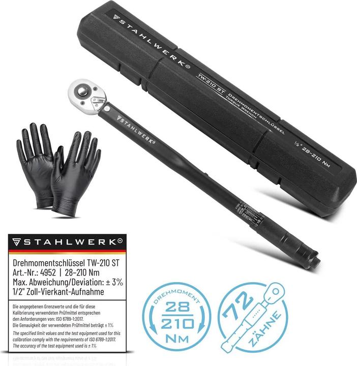 Produktbild Stahlwerk Drehmomentschlüssel TW-210 ST 28-210 Nm 1/2“ Zoll mit Mikrometerskala (1/2", 28 Nm, 210 Nm)