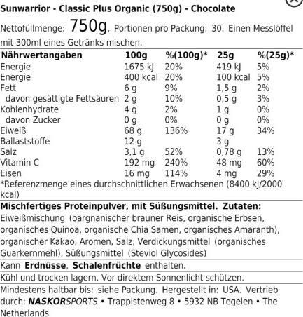 Nährwerte und Zutaten Sunwarrior Protein Classic Plus Bio (Chocolate, 1 Stk., 750 g)