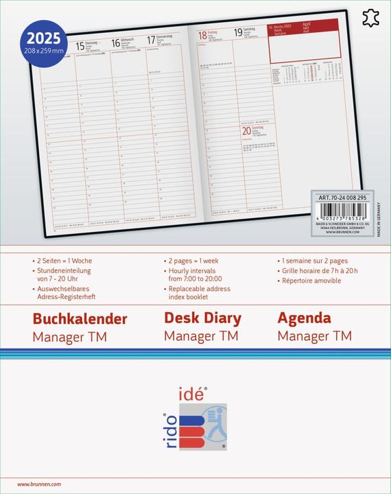 Immagine prodotto Rido Libro Calendario Manager TM 20,5x26cm 1 settimana/2 pagine in pelle rosso vino 2025 (Inglese, Francese, Tedesco)