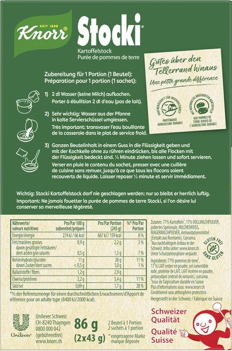 Nährwerte und Zutaten Knorr Stocki Kartoffelstock mit Milch und Schweizer Kartoffeln (86 g)