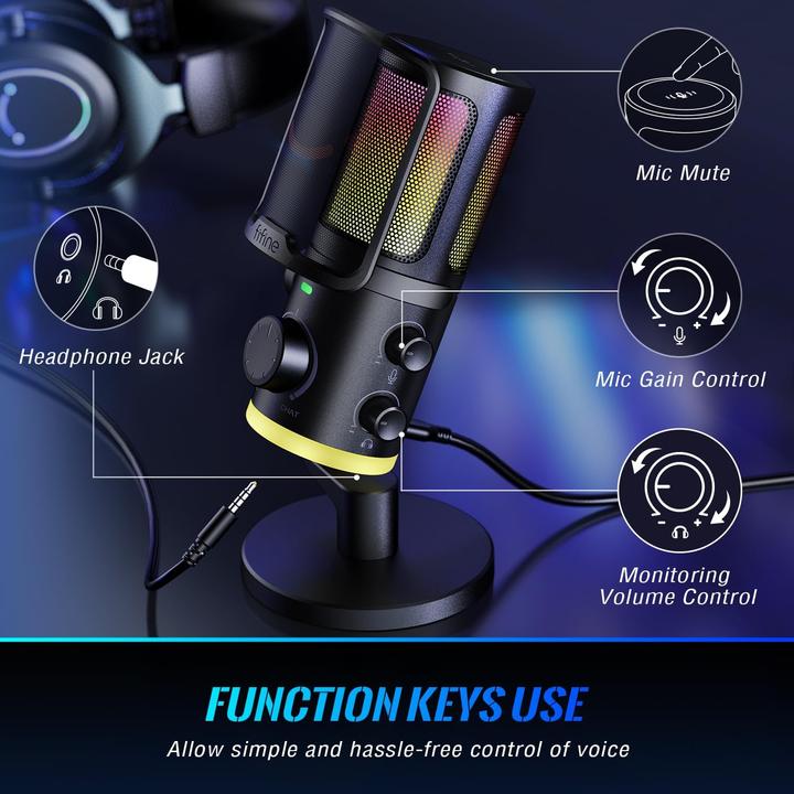 Actual product image Fifine AM6 Gaming condenser microphone with chat and gaming volume, RGB light ring, noise cancelling