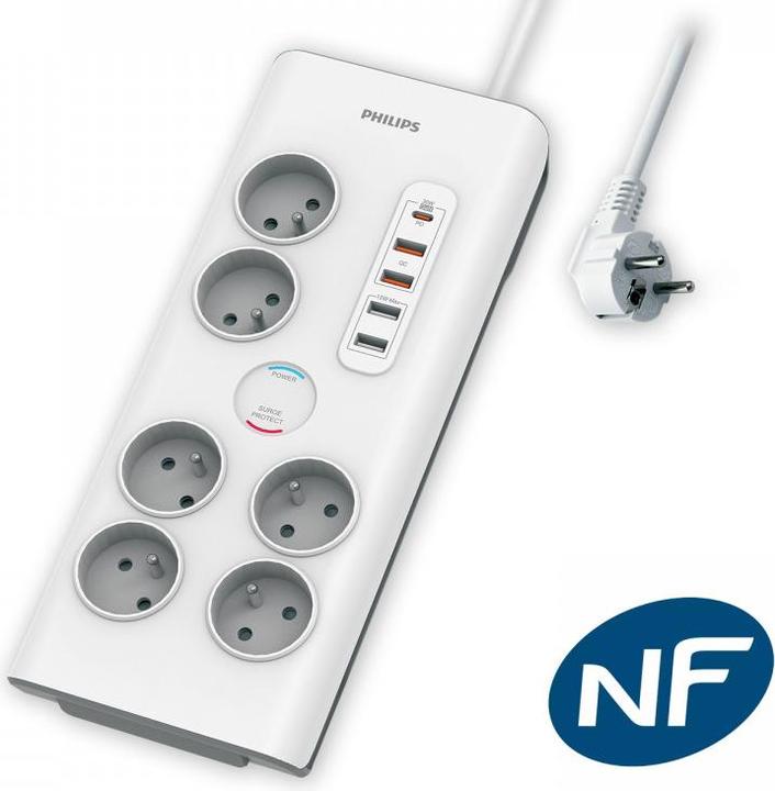 Immagine prodotto MCL PHILIPS Rallonge multiprise parasurtenseur 6 prises chargeur Type-C et 4 USB-A 2m Blanc