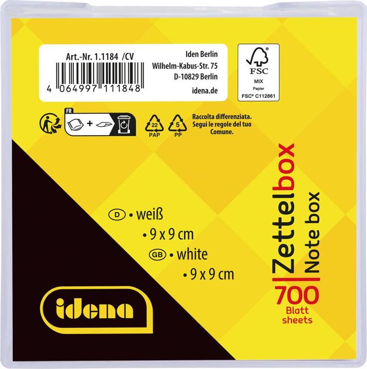 Produktbild Idena Zettelbox weiss 9x9x8cm 700 Blatt (9 x 9 x 8 cm)