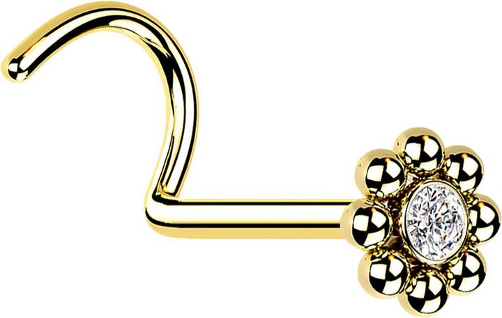 Star Piercing Nasenstecker gebogen vergoldet Blume mit Kugeln und Kristall (ohne Messing, Chirurgenstahl 316L)