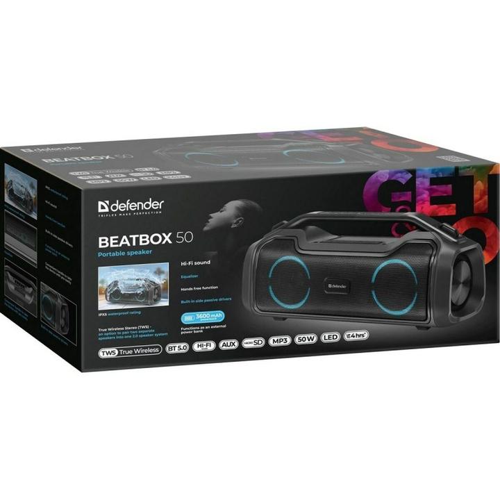 Actual product image Defender GŁOŚNIK BEATBOX 50 BLUETOOTH 50W BT/RGB/TF/TYPEC/IPX5/PWB 65950 (5 h, Rechargeable battery operated)