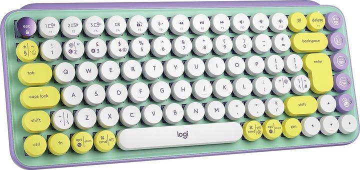 Actual product image Logitech Pop Keys Keyboard RF Wireless + Bluetooth QWERTY UK English Mint Color, Purple, White, Yellow (Eng. Int., Wireless)